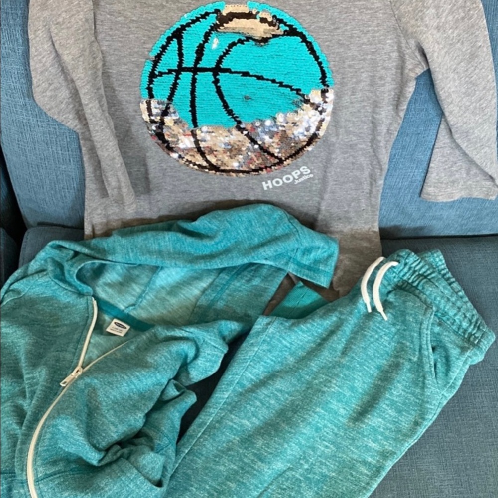 BTS Girls Outfit Sz 10/12 jogger, zip hoody, reverse sequin top basketball EUC